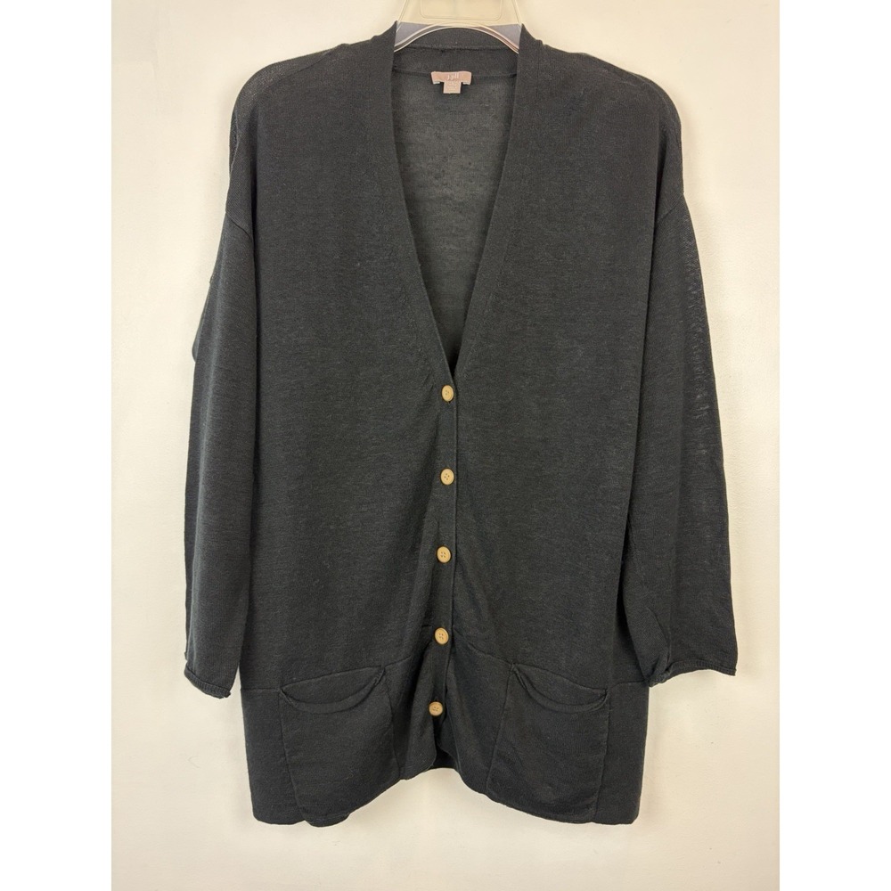 J J ill Cardigan Sweater Womens Large Black Linen Blend Knit Open Front Business